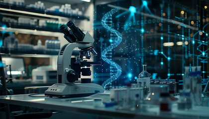 Aufkleber - sophisticated laboratory environment with a focus on genetic research, featuring a microscope on a table, surrounded by scientific equipment and a digital DNA double helix floating in the air