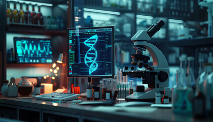 Aufkleber - a fully equipped laboratory dedicated to medical and genetic research, showcasing microscopes and various laboratory equipment, with a prominent digital representation of the DNA helix 