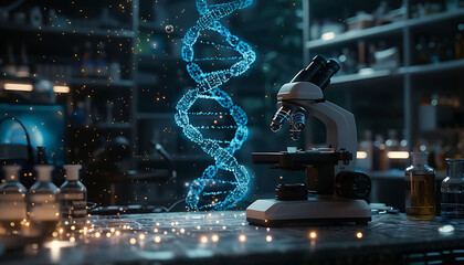 Aufkleber - high-tech laboratory scene highlighting medical and genetic research, with a microscope and scientific equipment on the table, and a digital DNA double helix floating above