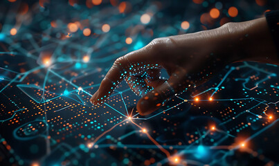 Fototapete - Futuristic scene with a finger touching a virtual screen filled with interconnected nodes and lines, representing digital technology, internet network connection, and data exchange