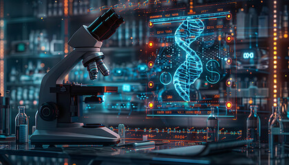 Aufkleber - high-tech laboratory scene highlighting medical and genetic research, with a microscope and scientific equipment on the table, and a digital DNA double helix floating above