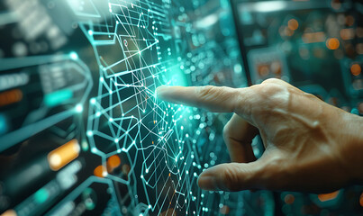 Fototapete - Futuristic scene with a finger touching a virtual screen filled with interconnected nodes and lines, representing digital technology, internet network connection, and data exchange