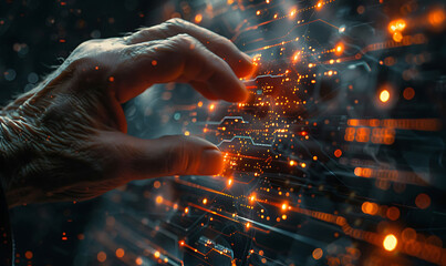 Fototapete - Close-up of a hand interacting with a virtual screen, showcasing glowing nodes and lines symbolizing internet connectivity and digital transformation, set against a futuristic background