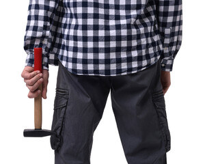 Wall Mural - Young man holding hammer on white background, closeup