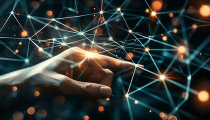 Fototapete - finger touching a virtual screen filled with interconnected nodes and glowing lines, symbolizing the interaction with digital technology, internet networks, and advanced data exchange