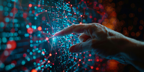 Poster - hand touches a virtual futuristic touchscreen with interconnected nodes and glowing points, representing digital transformation and data exchange