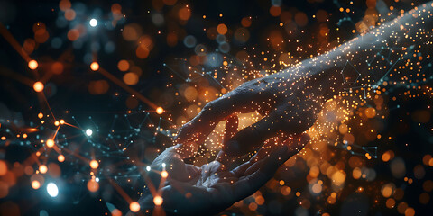 Fototapete - hand interacts with a dark background illuminated by a virtual network of bright, interconnected nodes and lines, emphasizing innovative technology and digital connectivity
