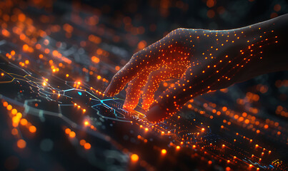 Poster - hand touches a virtual screen with a network of bright, interconnected nodes and lines against a dark background, illustrating the themes of digital technology, innovative connectivity, and big data