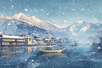 Wall Mural - Beautiful winter scene of a boat boating on the Lake against snowy mountains.