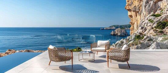 Wall Mural - Braided modern garden furniture set on a sea side cliff balcony with a view of the horizon