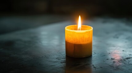 Wall Mural - A candle is lit on a dark table