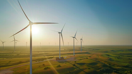 A field of wind turbines with the sun shining on them