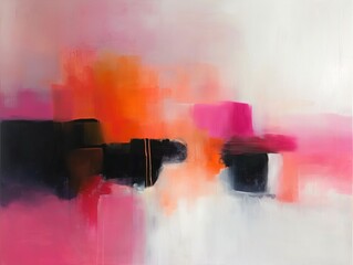 Wall Mural - A painting of a pink and orange background with black and white shapes. The painting is abstract and has a bold, energetic feel to it