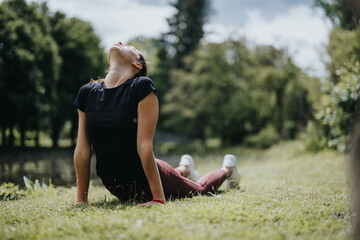 Wall Mural - A serene young woman executing a back bend yoga stretch in a lush park, embracing the warm sunlight and natural surroundings.