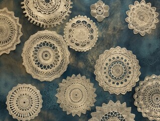 Wall Mural - A blue background with a variety of lace doilies. The doilies are of different sizes and shapes, and they are arranged in a way that creates a sense of depth and texture. Scene is one of elegance