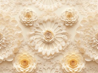 Wall Mural - A white background with a flowery design. The flowers are made of lace and are arranged in a circular pattern. Scene is elegant and delicate