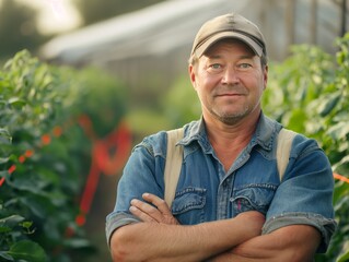 Canvas Print - A man in a blue shirt and hat is standing in a field of plants. He is smiling and he is proud of his work