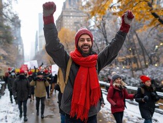 A man in a red scarf is holding his hands up in the air, surrounded by a crowd of people. Concept of excitement and celebration, as the man is happy and proud