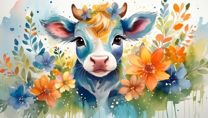 Wall Mural - watercolor baby cow clipart for graphic resources