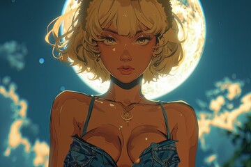 Wall Mural - Blonde Afro Anime Princess: Seductive Charm under the Jungle Moon