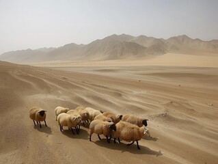 Canvas Print - A herd of sheep are walking across a desert. The sheep are scattered across the desert, with some closer to the foreground and others further away. The scene is peaceful and serene