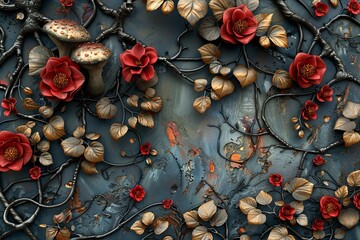 Wall Mural - Detailed Gothic Fantasy: Enchanted Flowers, Roots, Dark Mushrooms & Blossoms