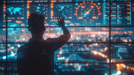 Wall Mural - An air traffic controller swiping through screens on the holographic display managing multiple flights at once.