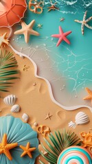 Wall Mural - Summer holiday background. top view 3d beach clay style, copy space for your text.