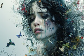 Wall Mural - Dreamscape of Sorrow: Ethereal Woman with Tears Surrounded by Digital Birds, Butterflies, and Flowers