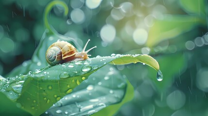 Wall Mural - A cute little snail crawling on a green leaf, with the background blurred by raindrops and natural light, Generative AI illustrations.