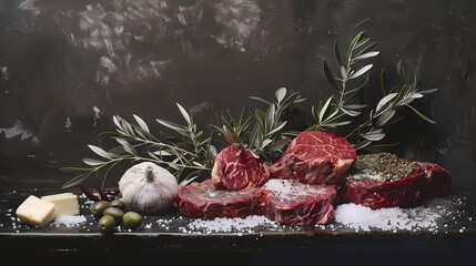 A photo of several different types of beef steaks arranged on the table, Generative AI illustrations.