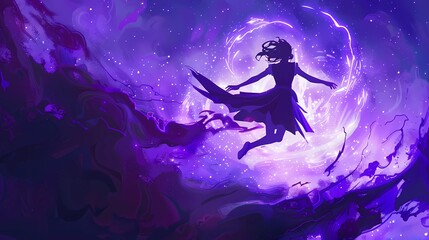 A silhouette of an anime girl in a dark purple dress flying, Generative AI illustrations. 