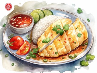 Wall Mural - A plate of food with a piece of chicken, rice, and vegetables. The plate is on a white background