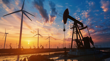 a sunset over a field of wind turbines and a large oil rig