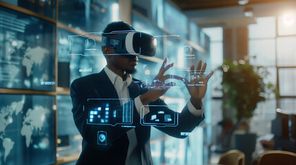 Poster - a businessman using a virtual digital business management system through augmented reality technology in modern office, futuristic technology, artificial intelligence, digital tech 