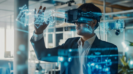 Poster - a businessman using a virtual digital business management system through augmented reality technolog