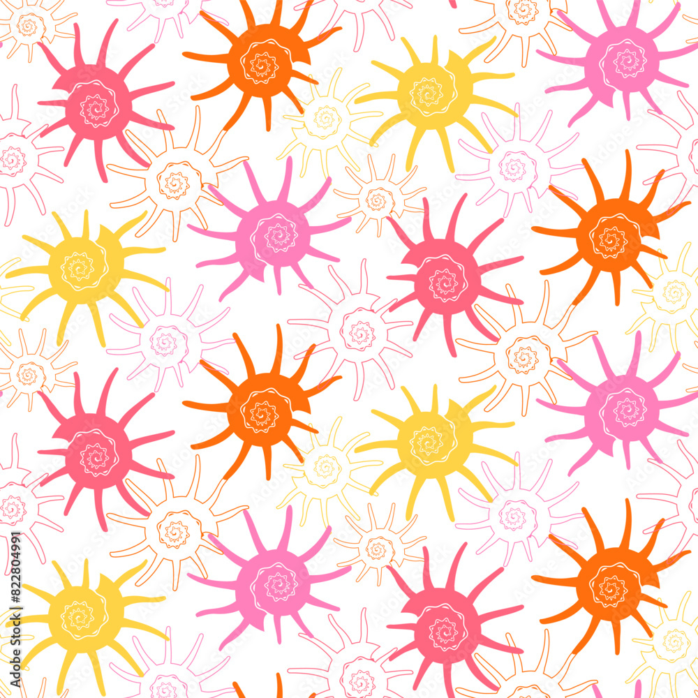 Seamless pattern with bright colorful Sea shells on white background in ...