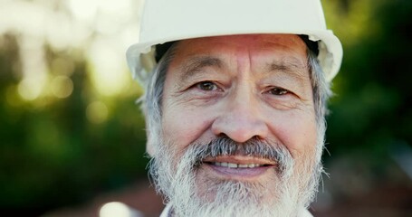Leinwandbilder - Smile, face and mature construction worker outdoor for building, repairs or maintenance. Engineering, happy and portrait of professional Asian male industry foreman in nature for project management.