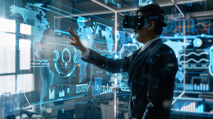 Poster - a businessman using a virtual digital business management system through augmented reality technolog