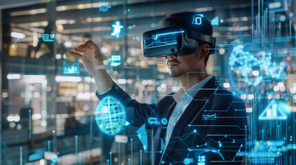 Poster - a businessman using a virtual digital business management system through augmented reality technolog