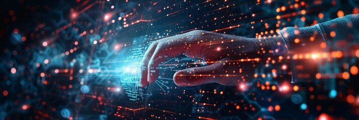 Digital technology, internet network connection concept. Finger touching on virtual screen with futuristic technology background, data exchange, digital transformation