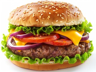 A hamburger with lettuce, tomatoes, and onions on a bun. The bun is brown and has sesame seeds on it