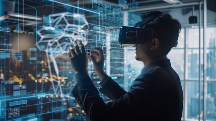Poster - a businessman using a virtual digital business management system through augmented reality technology in modern office, futuristic technology, artificial intelligence, digital tech 