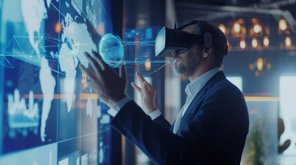 Poster - a businessman using a virtual digital business management system through augmented reality technology in modern office, futuristic technology, artificial intelligence, digital tech 