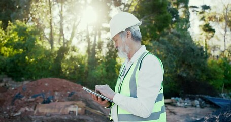 Leinwandbilder - Architecture, communication and businessman with tablet for project, development and digital report. Mature engineer, forest and man with technology in nature for engineering, progress and inspection