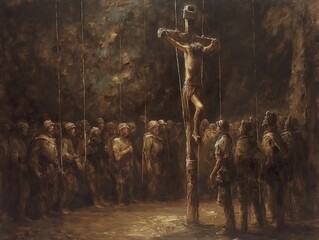 A painting of a man on a cross with a group of people around him. The painting has a dark and somber mood, with the man on the cross being the focal point