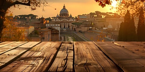 Wall Mural - Rome background with a blurred effect, showcasing an empty wooden table top perfect for product display. Concept Rome, Blurred Background, Empty Table, Product Display, Wooden Table Top