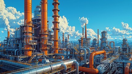 Industrial Background, Pipes and industrial equipment with steam and vapor in the background, capturing the dynamic nature of an operational plant. Illustration image,