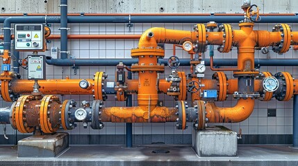 Wall Mural - Industrial Background, Pipes and valves in a water treatment plant, with clear labeling and control panels, emphasizing the technical aspects of water management. Illustration image,