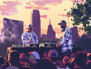 Wall Mural - Two men are playing music in front of a crowd